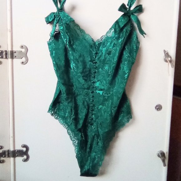 Vintage 1990s VICTORIA'S SECRET Teal Green Teddy With Bows, Lace and Buttons